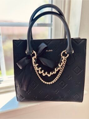 ALDO Black Embossed Satchel with Gold Chain Trim